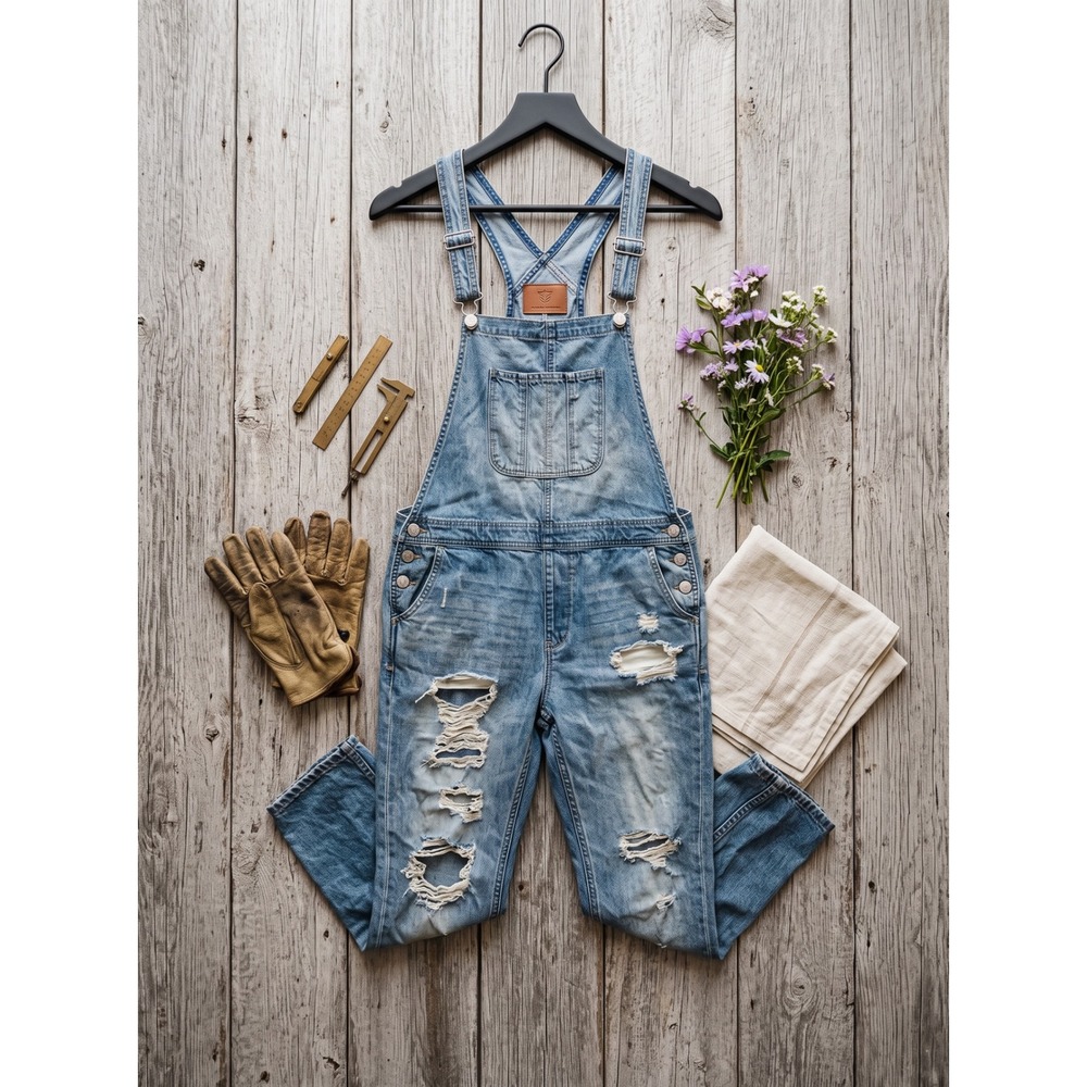 Insane Gene Los Angeles Distressed Denim Overalls Light Wash Tapered Leg Small